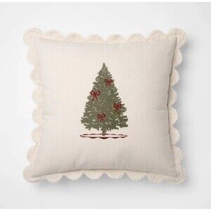 Threshold 20”x20” Embroidered Christmas Tree Holiday Scalloped Edge Throw Pillow
